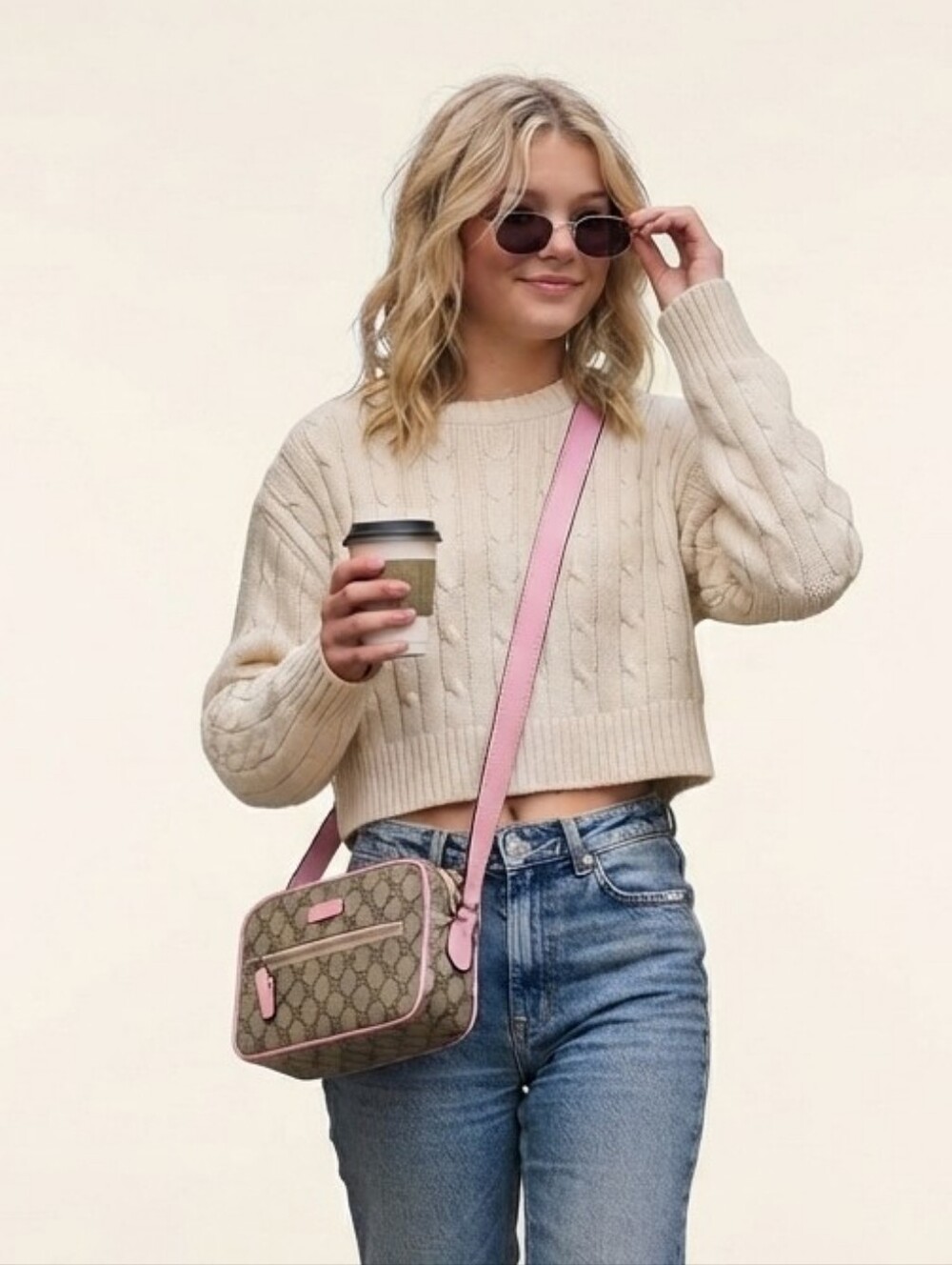 Auth Gucci Beige GG Supreme Canvas Crossbody with Pink Trim